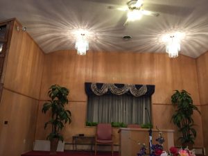 A church interior featuring a spacious wooden ceiling and a large potted plant enhancing the serene atmosphere.